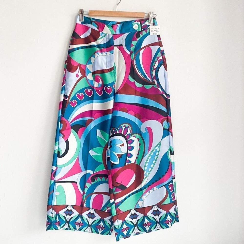 NWT Zara Colourful Psychedellic Print Wide Leg Cropped Satin  PAnts S